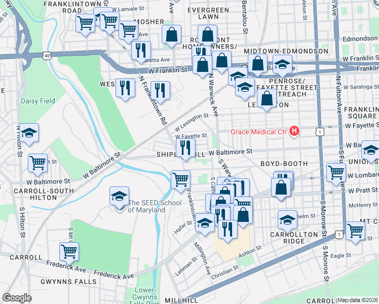 map of restaurants, bars, coffee shops, grocery stores, and more near 2558 West Baltimore Street in Baltimore