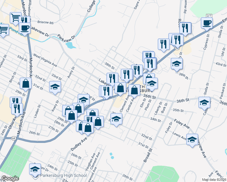 map of restaurants, bars, coffee shops, grocery stores, and more near 1312 Lakeview Drive in Parkersburg