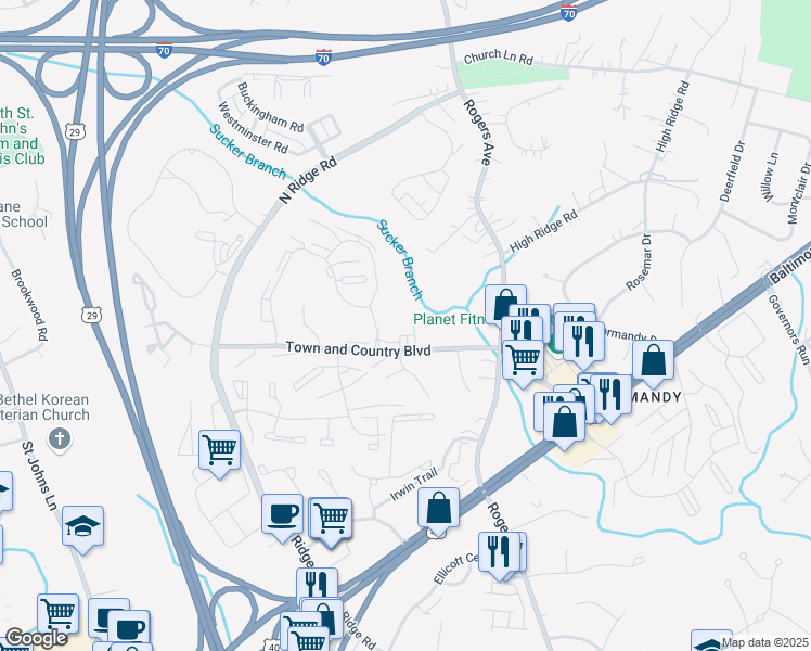 map of restaurants, bars, coffee shops, grocery stores, and more near 8722 Town and Country Boulevard in Ellicott City