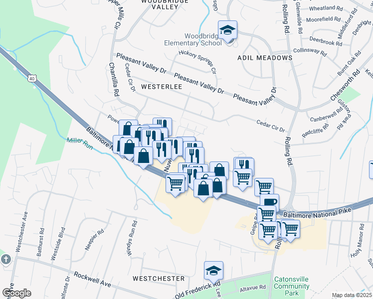 map of restaurants, bars, coffee shops, grocery stores, and more near 1003 Spring Gate Road in Catonsville