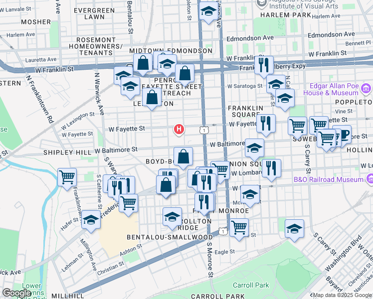 map of restaurants, bars, coffee shops, grocery stores, and more near 1945 West Baltimore Street in Baltimore