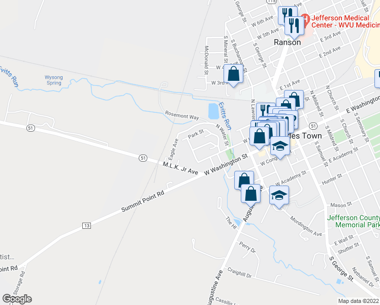 map of restaurants, bars, coffee shops, grocery stores, and more near 118 North Maple Avenue in Charles Town