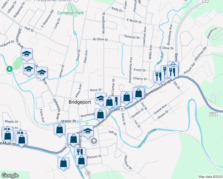 map of restaurants, bars, coffee shops, grocery stores, and more near 327 North Center Street in Bridgeport