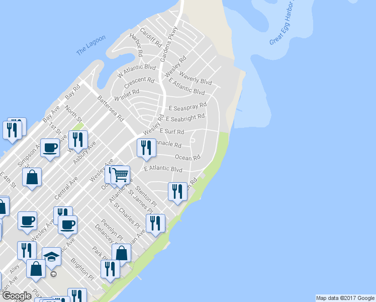 map of restaurants, bars, coffee shops, grocery stores, and more near 406 Gull Road in Ocean City