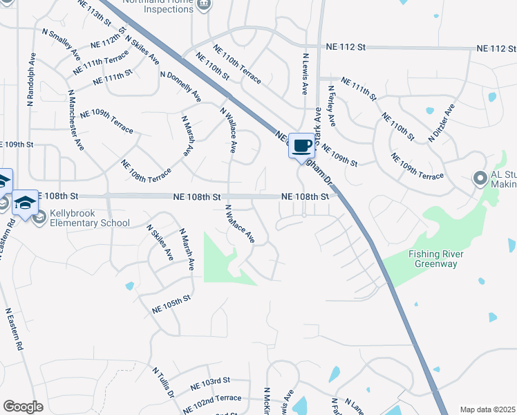 map of restaurants, bars, coffee shops, grocery stores, and more near 10715 North Booth Avenue in Kansas City