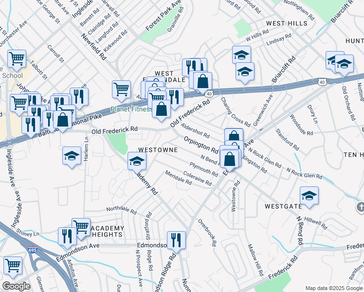 map of restaurants, bars, coffee shops, grocery stores, and more near 643 North Bend Road in Baltimore