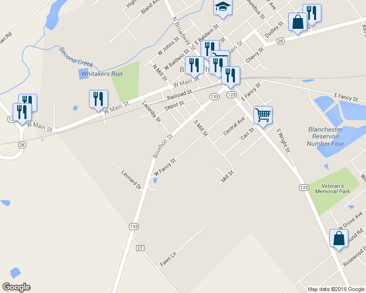 map of restaurants, bars, coffee shops, grocery stores, and more near 232 W Fancy St in Blanchester