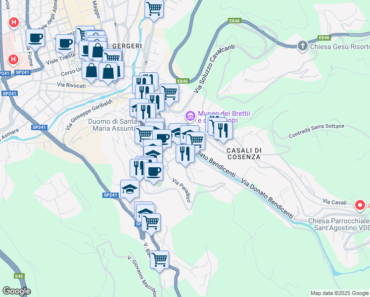 map of restaurants, bars, coffee shops, grocery stores, and more near Piazza Luigi Cribari in Cosenza