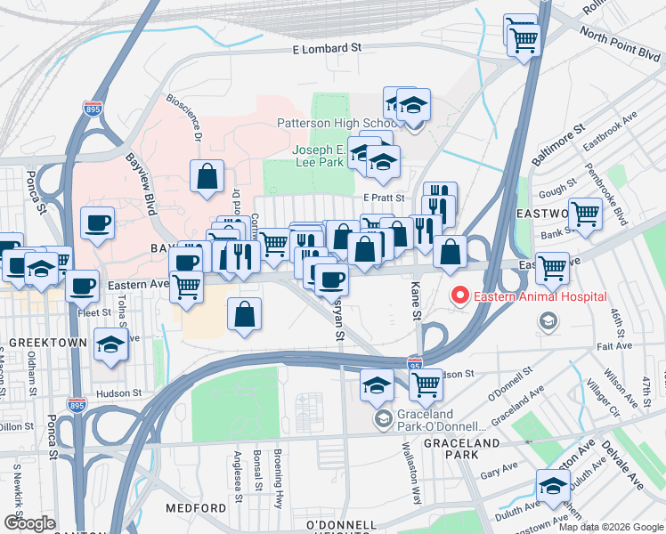 map of restaurants, bars, coffee shops, grocery stores, and more near 6230 Eastern Avenue in Baltimore
