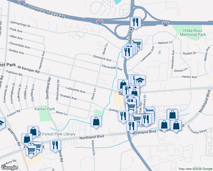 map of restaurants, bars, coffee shops, grocery stores, and more near 560 West Kemper Road in Cincinnati