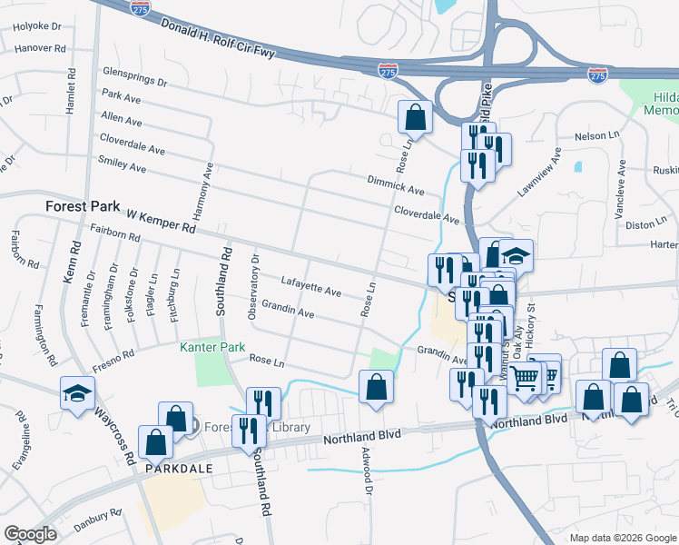 map of restaurants, bars, coffee shops, grocery stores, and more near 531 West Kemper Road in Cincinnati