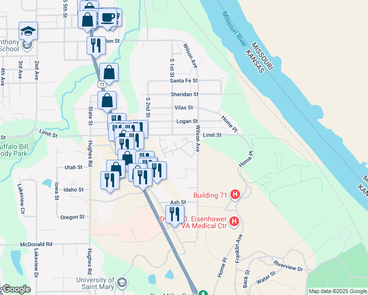 map of restaurants, bars, coffee shops, grocery stores, and more near 2944 Martin Luther King Drive in Leavenworth