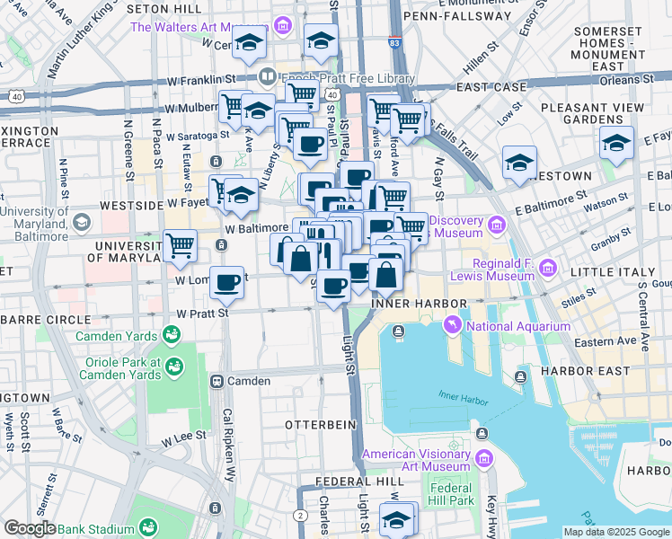 map of restaurants, bars, coffee shops, grocery stores, and more near 36 Light Street in Baltimore