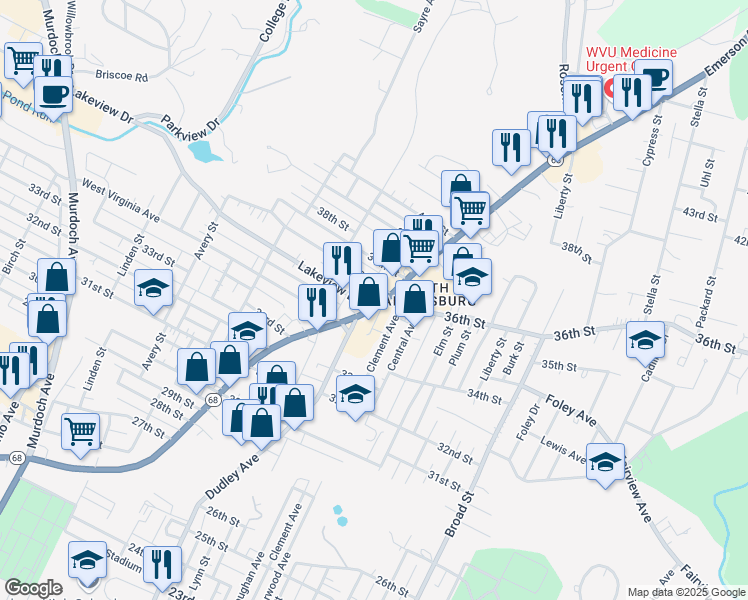map of restaurants, bars, coffee shops, grocery stores, and more near 3509 Emerson Avenue in Parkersburg