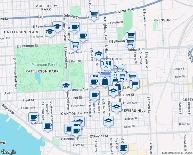 map of restaurants, bars, coffee shops, grocery stores, and more near 328 South Bouldin Street in Baltimore