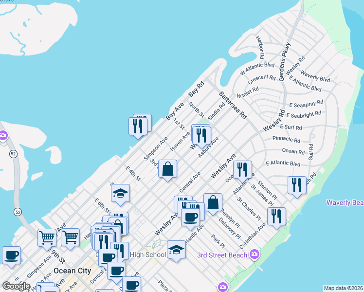 map of restaurants, bars, coffee shops, grocery stores, and more near 114 West Avenue in Ocean City