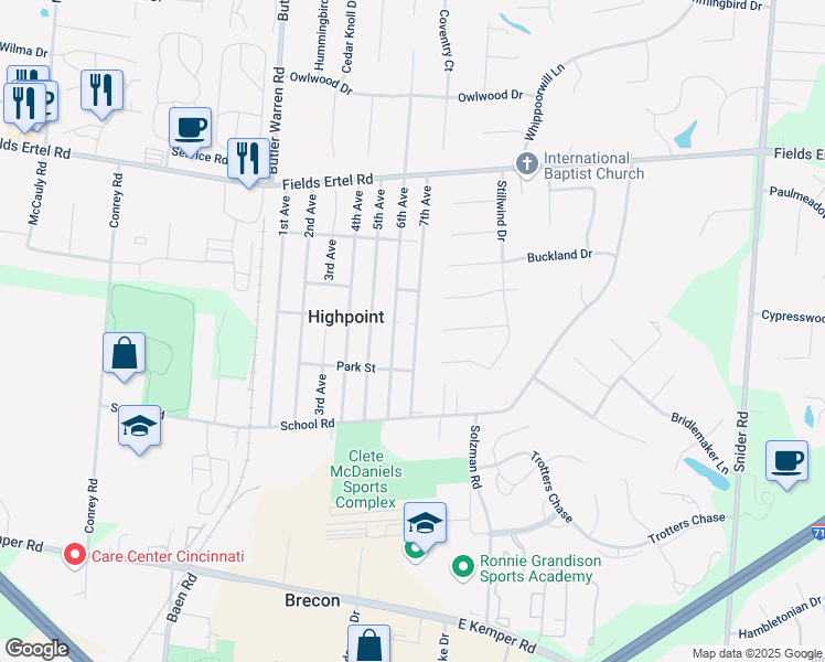 map of restaurants, bars, coffee shops, grocery stores, and more near 12009 7th Avenue in Cincinnati