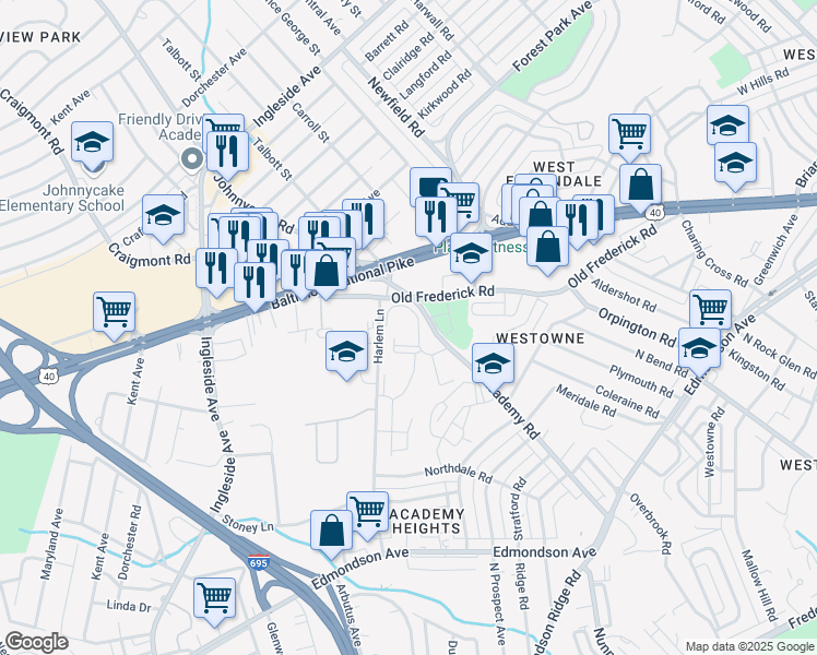 map of restaurants, bars, coffee shops, grocery stores, and more near 10 Rambling Oaks Way in Catonsville