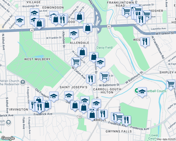 map of restaurants, bars, coffee shops, grocery stores, and more near 29 North Kossuth Street in Baltimore