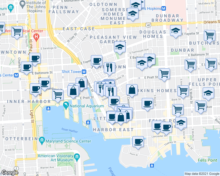 map of restaurants, bars, coffee shops, grocery stores, and more near 916 East Pratt Street in Baltimore