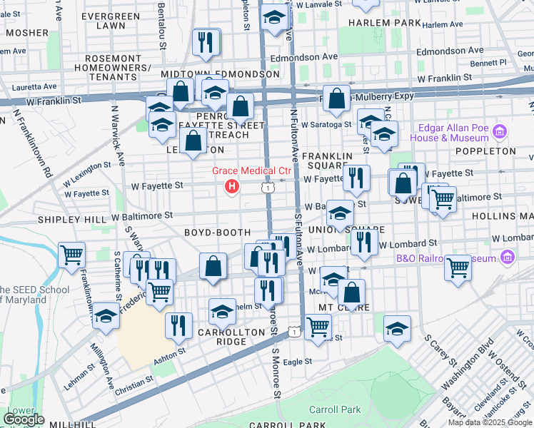 map of restaurants, bars, coffee shops, grocery stores, and more near 1901 West Baltimore Street in Baltimore