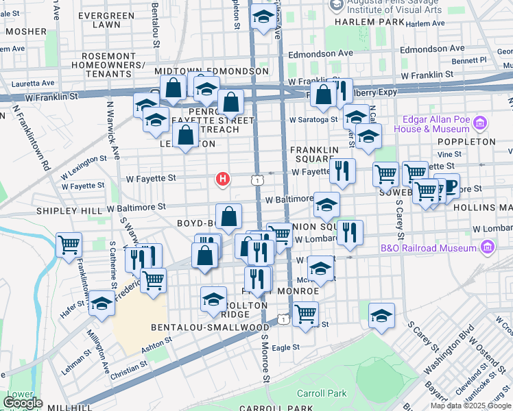 map of restaurants, bars, coffee shops, grocery stores, and more near 1901 West Baltimore Street in Baltimore