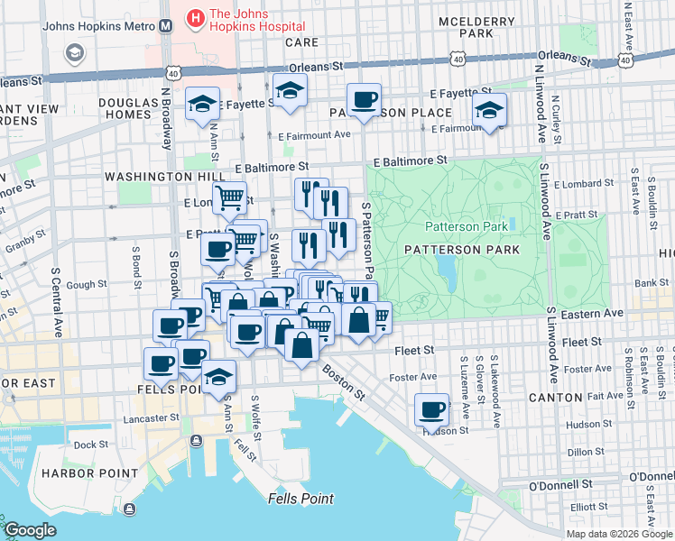 map of restaurants, bars, coffee shops, grocery stores, and more near Gough Street & South Collington Avenue in Baltimore
