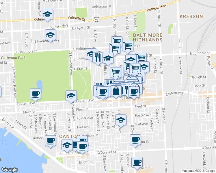 map of restaurants, bars, coffee shops, grocery stores, and more near 327 South Bouldin Street in Baltimore