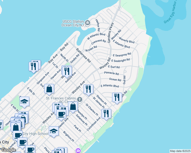 map of restaurants, bars, coffee shops, grocery stores, and more near 625 Laurel Road in Ocean City