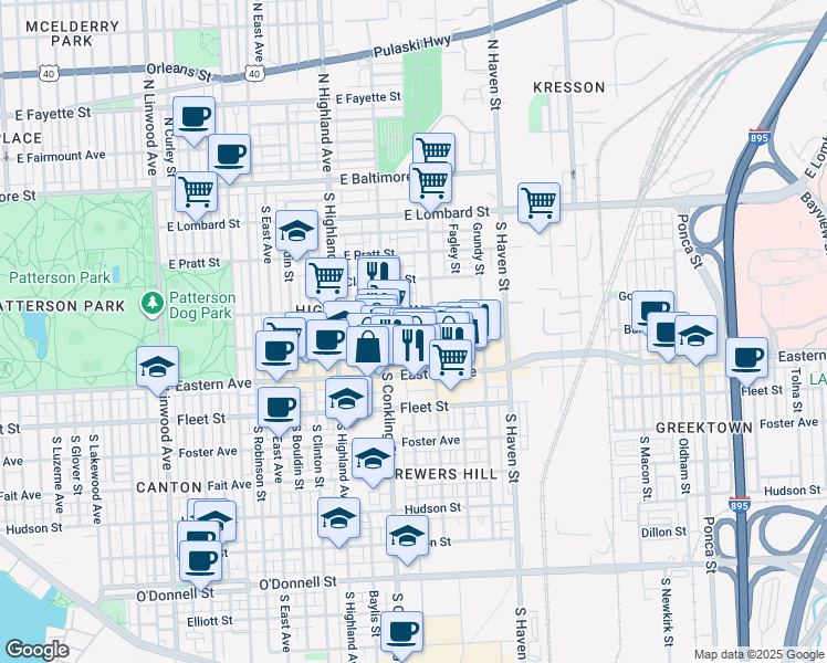 map of restaurants, bars, coffee shops, grocery stores, and more near 3700 Bank Street in Baltimore