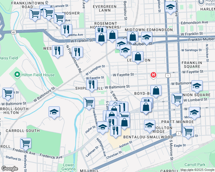 map of restaurants, bars, coffee shops, grocery stores, and more near 2448 West Baltimore Street in Baltimore