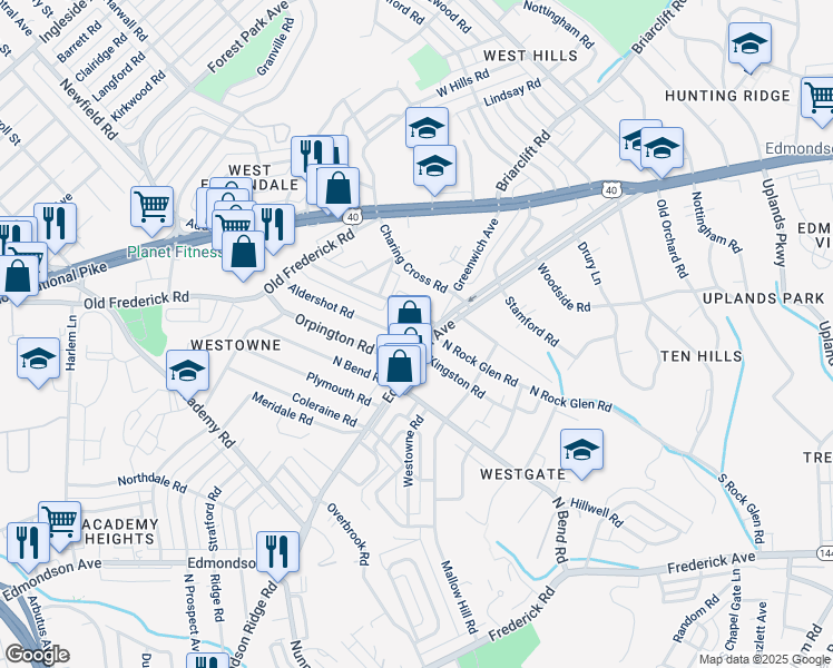 map of restaurants, bars, coffee shops, grocery stores, and more near 601 Aldershot Road in Baltimore