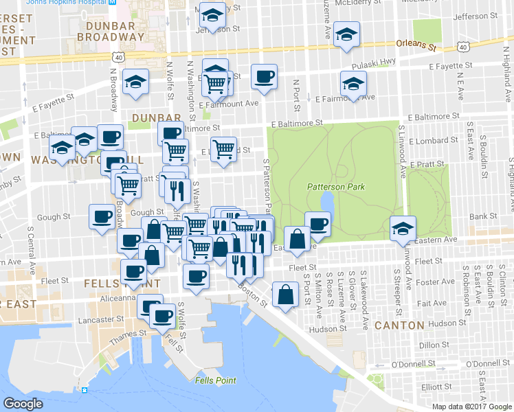 map of restaurants, bars, coffee shops, grocery stores, and more near Gough Street & South Madeira Street in Baltimore