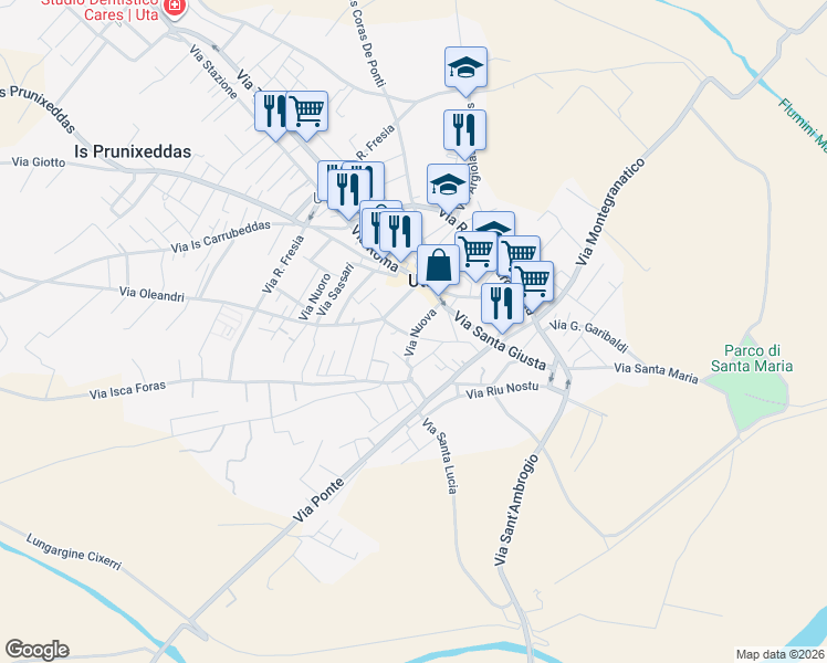 map of restaurants, bars, coffee shops, grocery stores, and more near 29A Via Nuova in Uta
