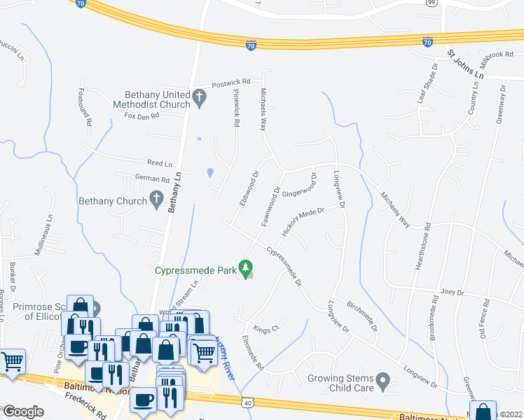 map of restaurants, bars, coffee shops, grocery stores, and more near 3026 Fawnwood Drive in Ellicott City