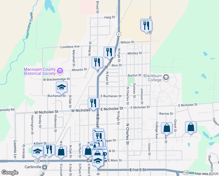 map of restaurants, bars, coffee shops, grocery stores, and more near 209 East Washington Street in Carlinville
