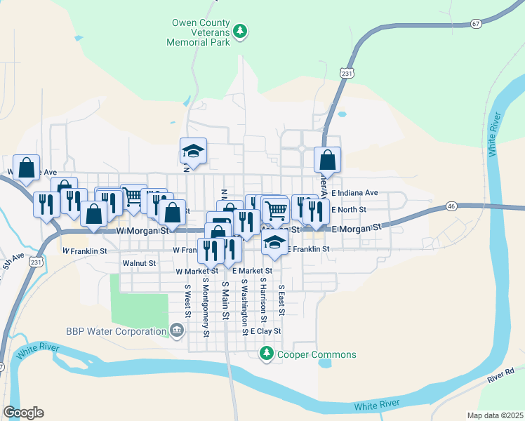 map of restaurants, bars, coffee shops, grocery stores, and more near 201 East North Street in Spencer