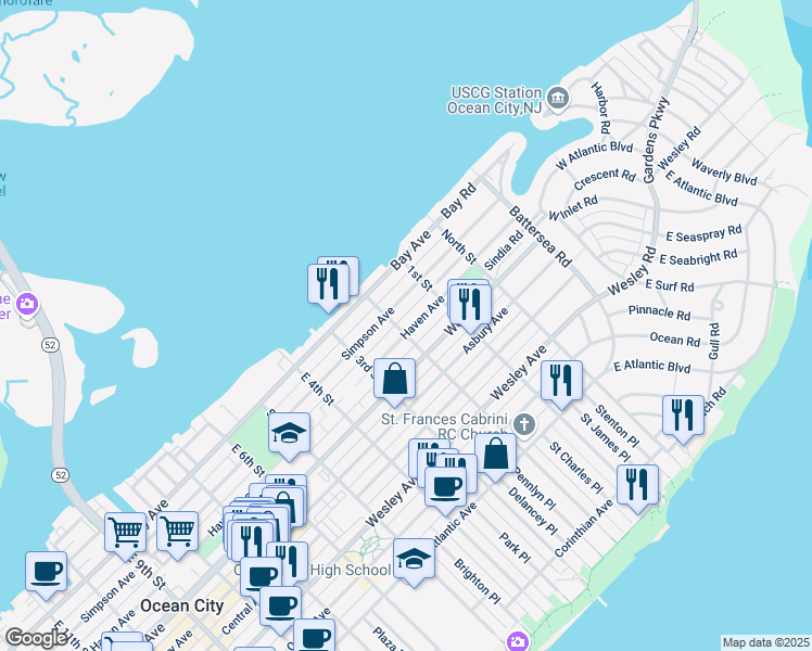 map of restaurants, bars, coffee shops, grocery stores, and more near 144 Haven Avenue in Ocean City