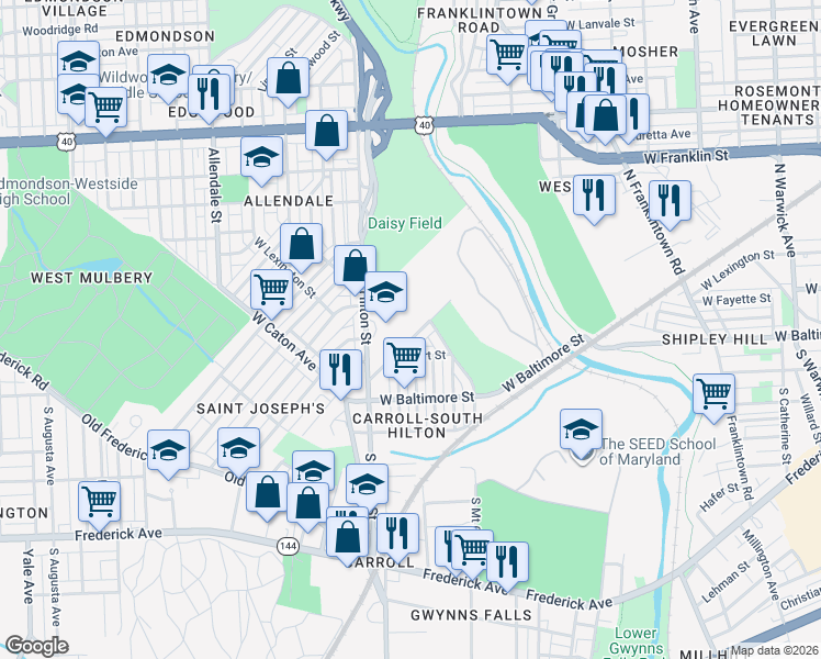 map of restaurants, bars, coffee shops, grocery stores, and more near 3144 Phelps Lane in Baltimore