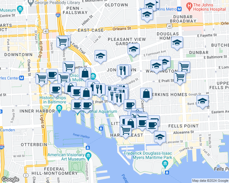 map of restaurants, bars, coffee shops, grocery stores, and more near 123 Albemarle Street in Baltimore