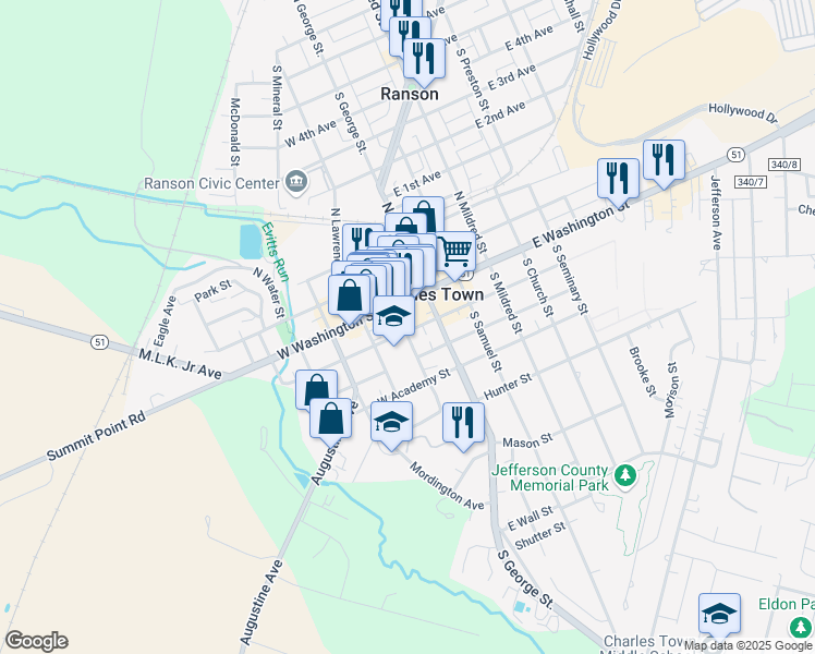 map of restaurants, bars, coffee shops, grocery stores, and more near 124 West Congress Street in Charles Town