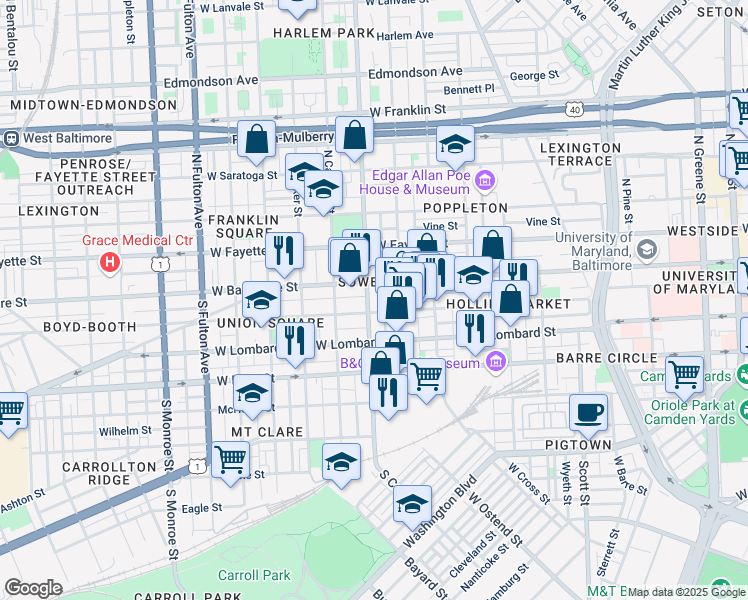 map of restaurants, bars, coffee shops, grocery stores, and more near 15 South Carey Street in Baltimore