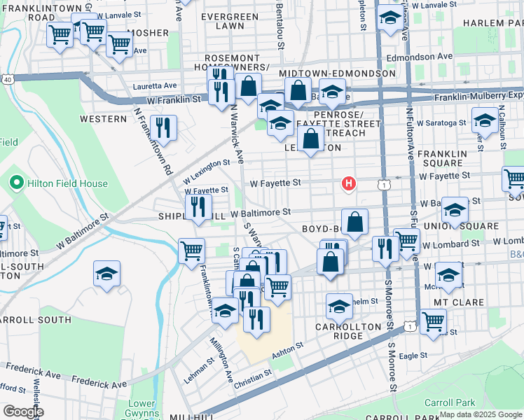 map of restaurants, bars, coffee shops, grocery stores, and more near 2334 West Baltimore Street in Baltimore