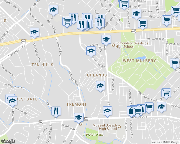 map of restaurants, bars, coffee shops, grocery stores, and more near 4438 Pen Lucy Road in Baltimore