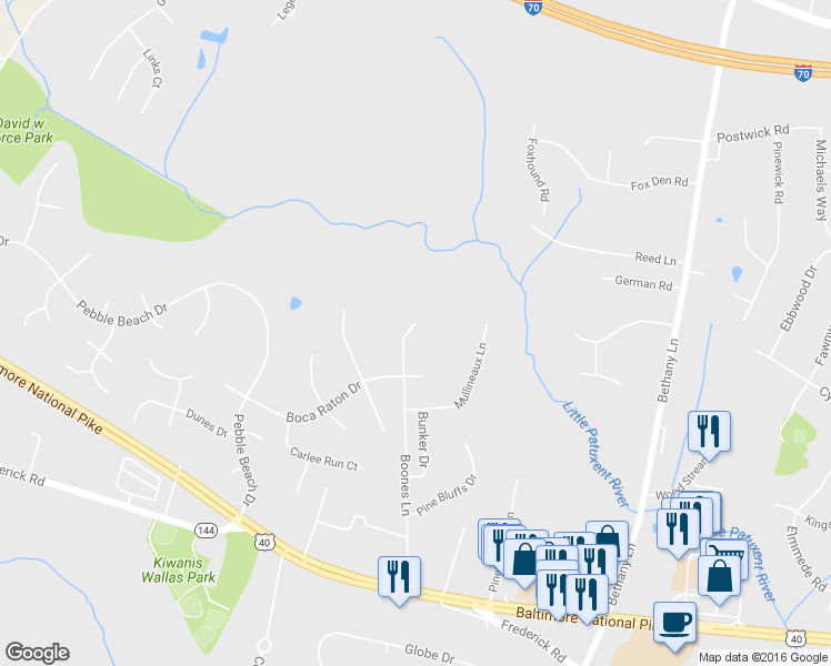 map of restaurants, bars, coffee shops, grocery stores, and more near 3021 Boones Lane in Ellicott City