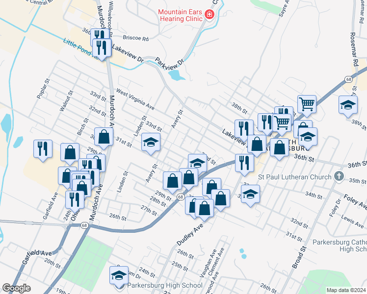 map of restaurants, bars, coffee shops, grocery stores, and more near 3205 Bartlett Street in Parkersburg