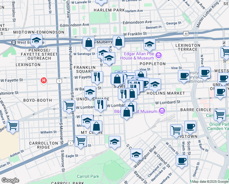 map of restaurants, bars, coffee shops, grocery stores, and more near 9 South Calhoun Street in Baltimore