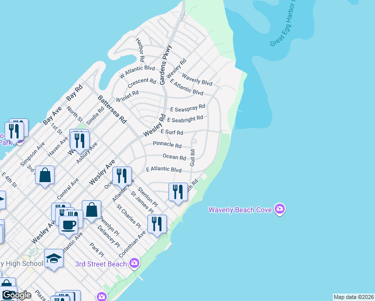 map of restaurants, bars, coffee shops, grocery stores, and more near 406 Gull Road in Ocean City