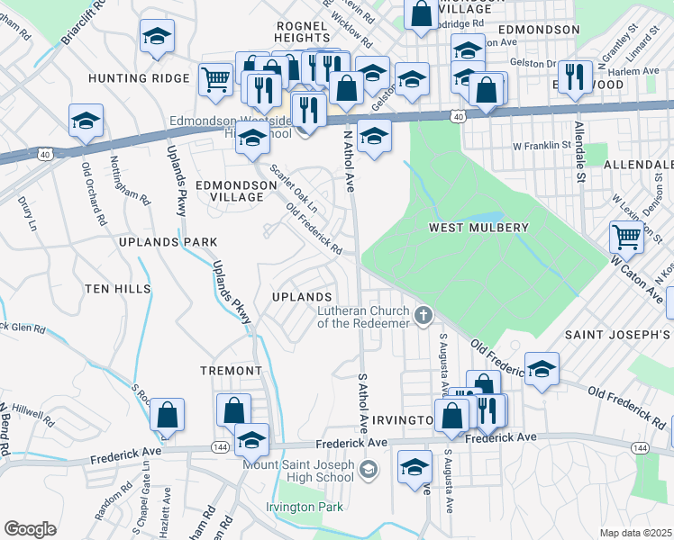 map of restaurants, bars, coffee shops, grocery stores, and more near 107 Upmanor Road in Baltimore
