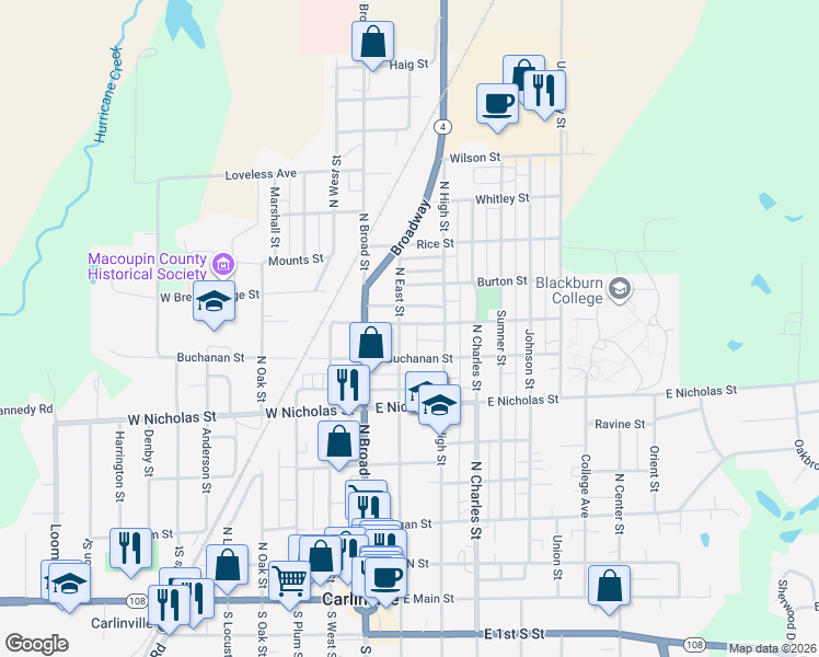 map of restaurants, bars, coffee shops, grocery stores, and more near 209 East Washington Street in Carlinville